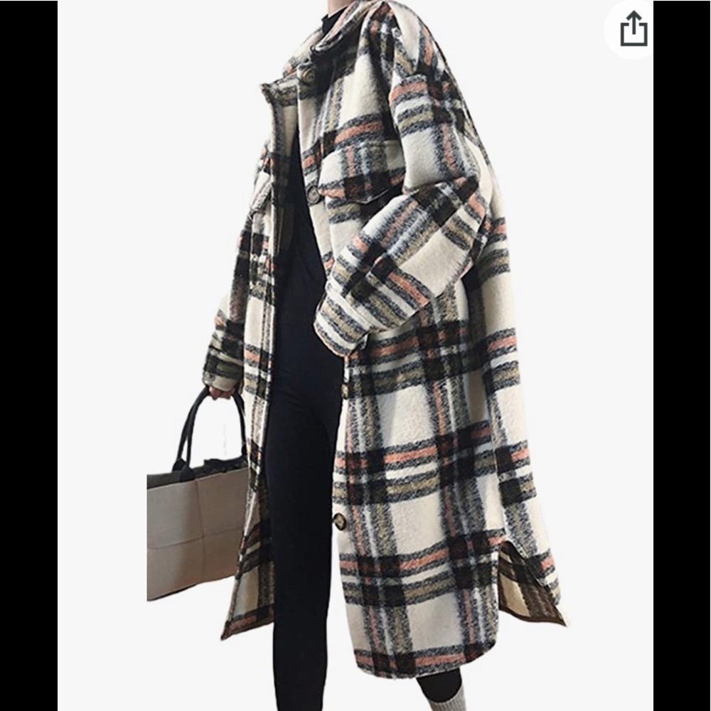 CHARTOU Lightweight Spread Collar Wool Blend Plaid Midi Long Shacket Trench Coat